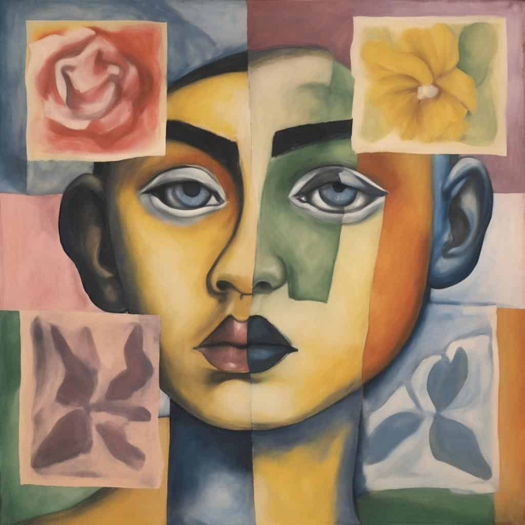 Ζωγραφικό πορτρέτο σε αφηρημένο ύφος με στοιχεία τέχνης και πολιτισμού, μπλε μάτια και πολύχρωμο φόντο, δείχνει την ιστορία της τέχνης από το παρελθόν στο παρόν.