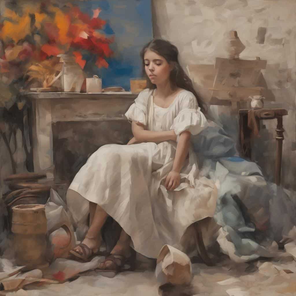Ανθρώπινη φιγούρα κοπέλας σε περίοδο τέχνης και πολιτισμού, σκηνή από το παρελθόν σε ρεαλιστικό στυλ με ιστορικά στοιχεία, με θέμα τέχνη και πολιτισμός.