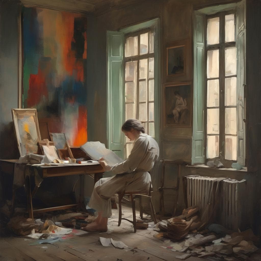 Ζωγράφος σε στούντιο με πίνακες και παράθυρα, διακόσμηση με έργα τέχνης και σκάλες, εστίαση στην τέχνη και πολιτισμό, από το παρελθόν στο παρόν.